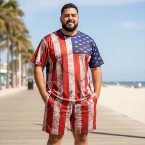 American Flag 3XL T Shirt Shorts Set Men Patriotic USA Print Beach Vacation